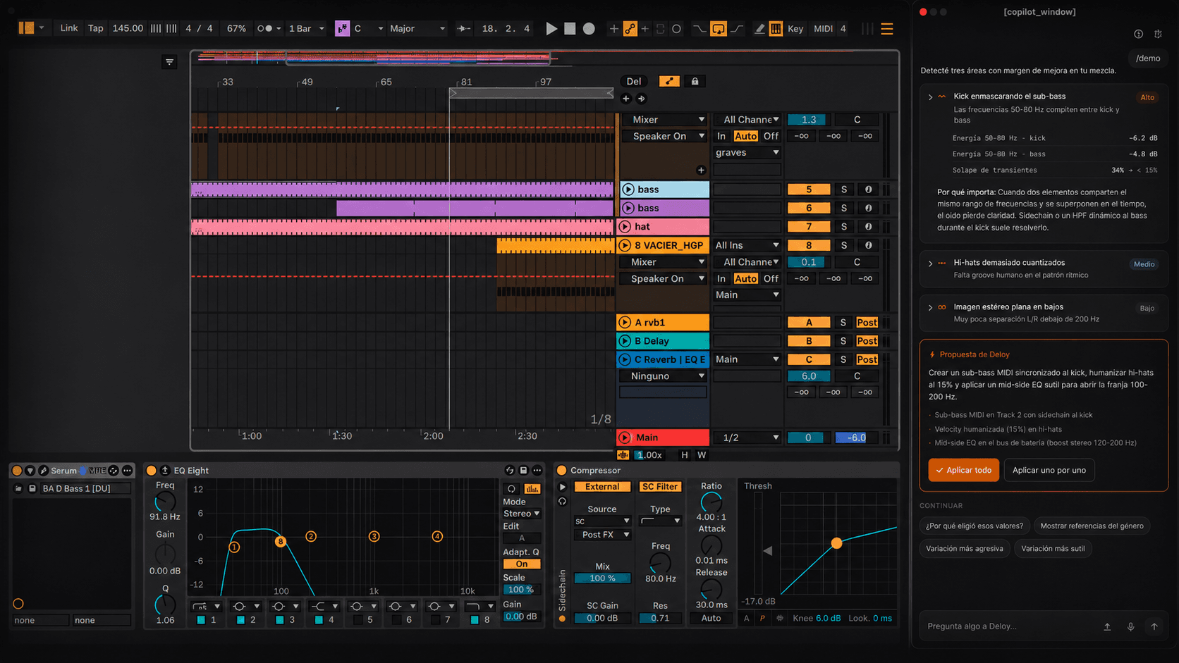 Interfaz abstracta de producción musical con líneas de luz naranja sobre fondo oscuro, representando IA asistiendo en Ableton Live