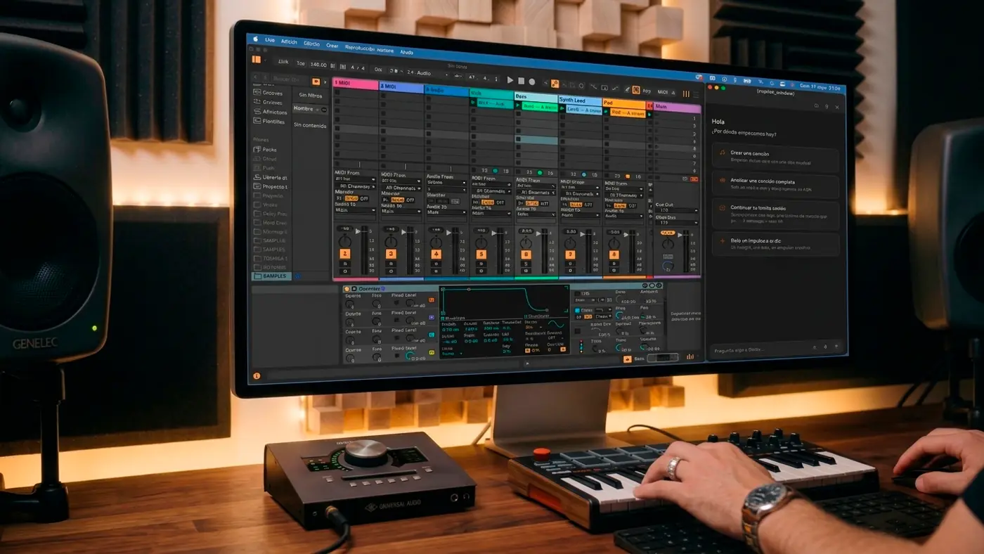 Deloy AI corriendo dentro de Ableton Live, mostrando el panel del copilot con tracks de música electrónica